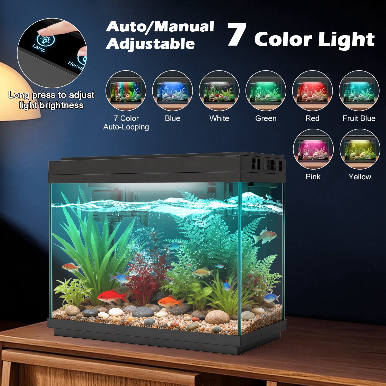 Rechale Smart Fish Tank, 2.4 gal UHD Clear Glass Aquarium with Smart Touch Control, 3-in-1 Silent Pump,7 Color Gradation RGB Lights, Multi-Layer Filtration System,Perfect for Home, Office, and Decor