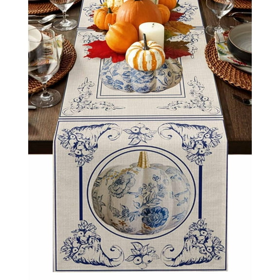 Fall Table Runner Thanksgiving Flower Pumpkin Table Runners Blue Floral Vintage Cotton Linen Dresser Scarf Kitchen Dining Table Decor for Fall Holiday Party Decor 13x72 Inch