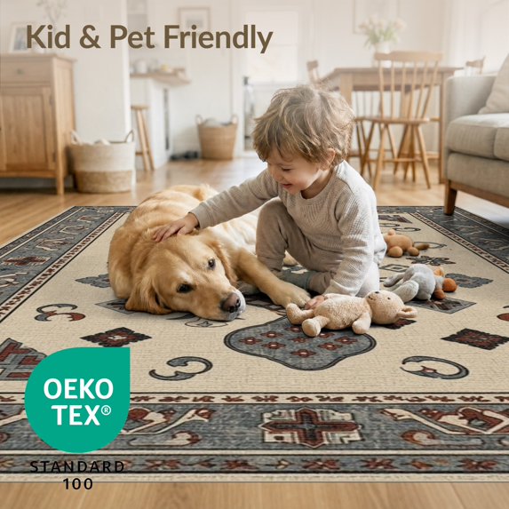 ODIKA 3'x5' Gray Dove Denim Traditional Medallion Washable Accent Rug Vintage Inspired Geometric Motifs With Ornate for Bedside, Nursery Room, Pet Friendly & Non-Shedding