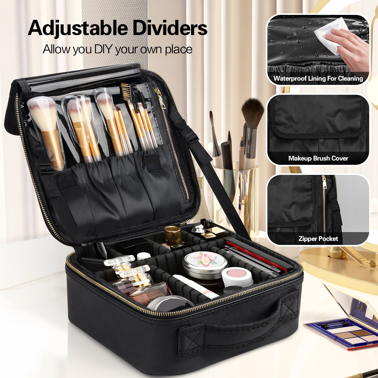 Aofmee Makeup Bag for Women, Travel Bag Organizer Cosmetic Case with Adjustable Dividers Waterproof Shockproof Handbag, Black