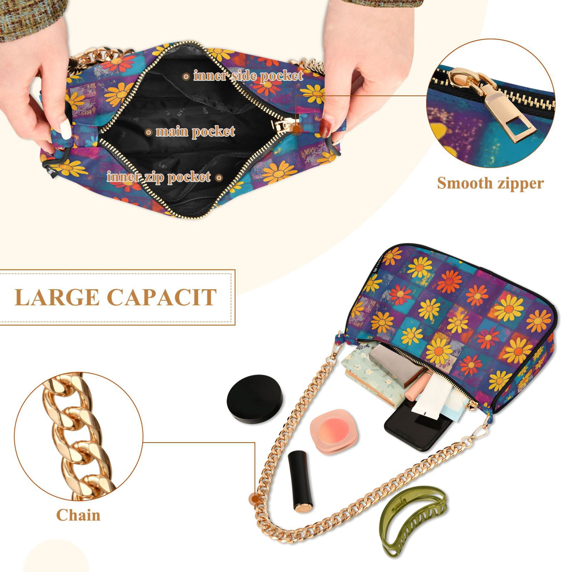 FORMRS Womens Shoulder Bag with Chain Strap Clutch Purse Cute Tote Handbag, Colorful Checkered Daisy
