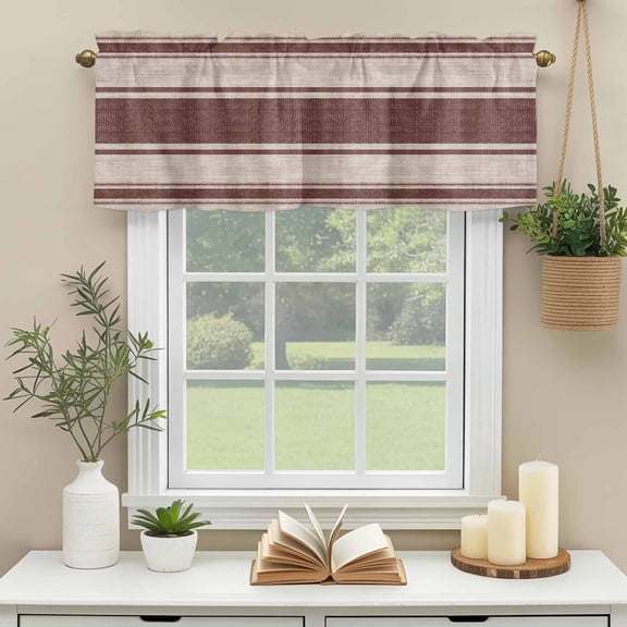 Valances for Windows,Farmhouse Brown Striped Kitchen Curtain Valance Short Rod Pocket Panels Minimalist Linen Texture Small Window Treatment for Living Room Bedroom Bathroom,54"Wx18"L