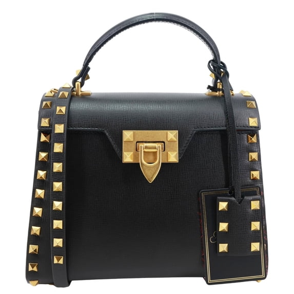 Pre-Owned Valentino Garavani Rockstud Alcove Small Grainy Calfskin Leather Top Handle Shoulder Bag Black