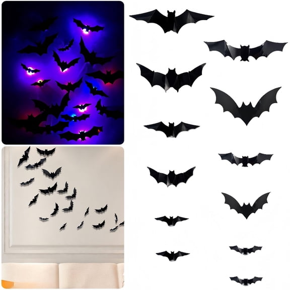 LED Bats Halloween Decor, Light Up Bats for Halloween, 3D LED Bat Wall Decor With Glowing Glitter Design for Window Garage Party Indoor Outdoor Decoration