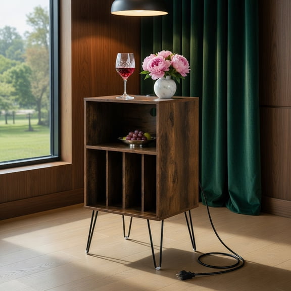 Topcobe Record Player Stand with Charging Station for Living Room Bedroom, End Tables Bedroom, Sofa Side Table for Living Room, Brown