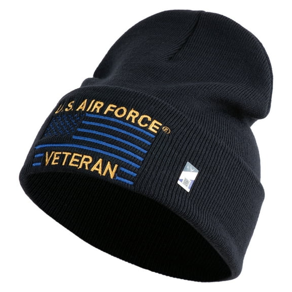US Air Force Veteran with Flag Logo Embroidered 12 Inch Solid Knit Cuff Long Beanie Made in USA - Navy OSFM