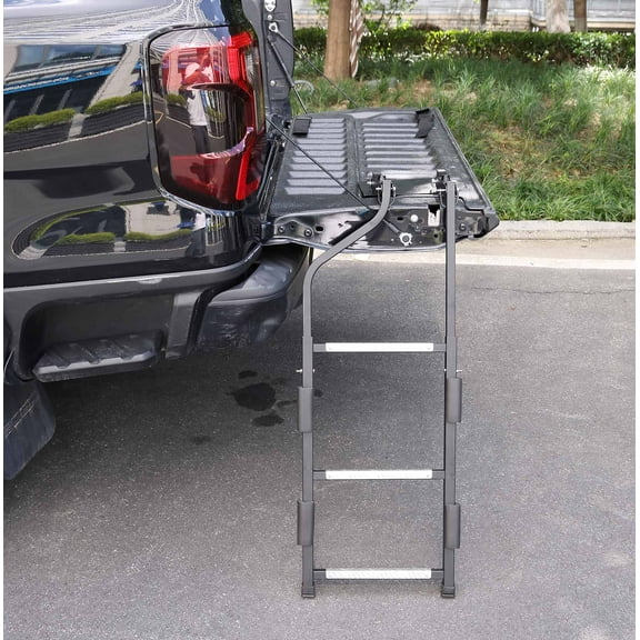 LCOKEIY Truck Tailgate Ladder, Pickup Tailgate Rack with Aluminum Step Grip Plates, Steel, Capacity 300 lbs, Black