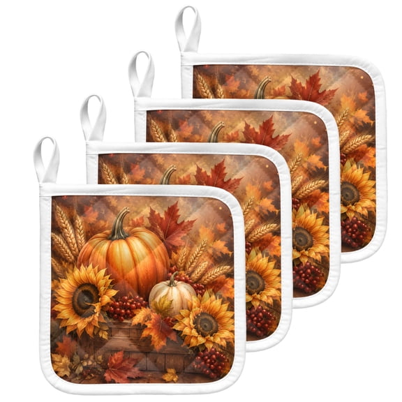 Thanksgiving Pumpkin Pot Holders for Kitchen Heatproof Potholder, 4 Pack Fall Maple Leaf Sunflowers Harvest Orange Hot Pads Multipurpose Oven Pads Terry Cloth Potholders Trivet for Cooking and Baking