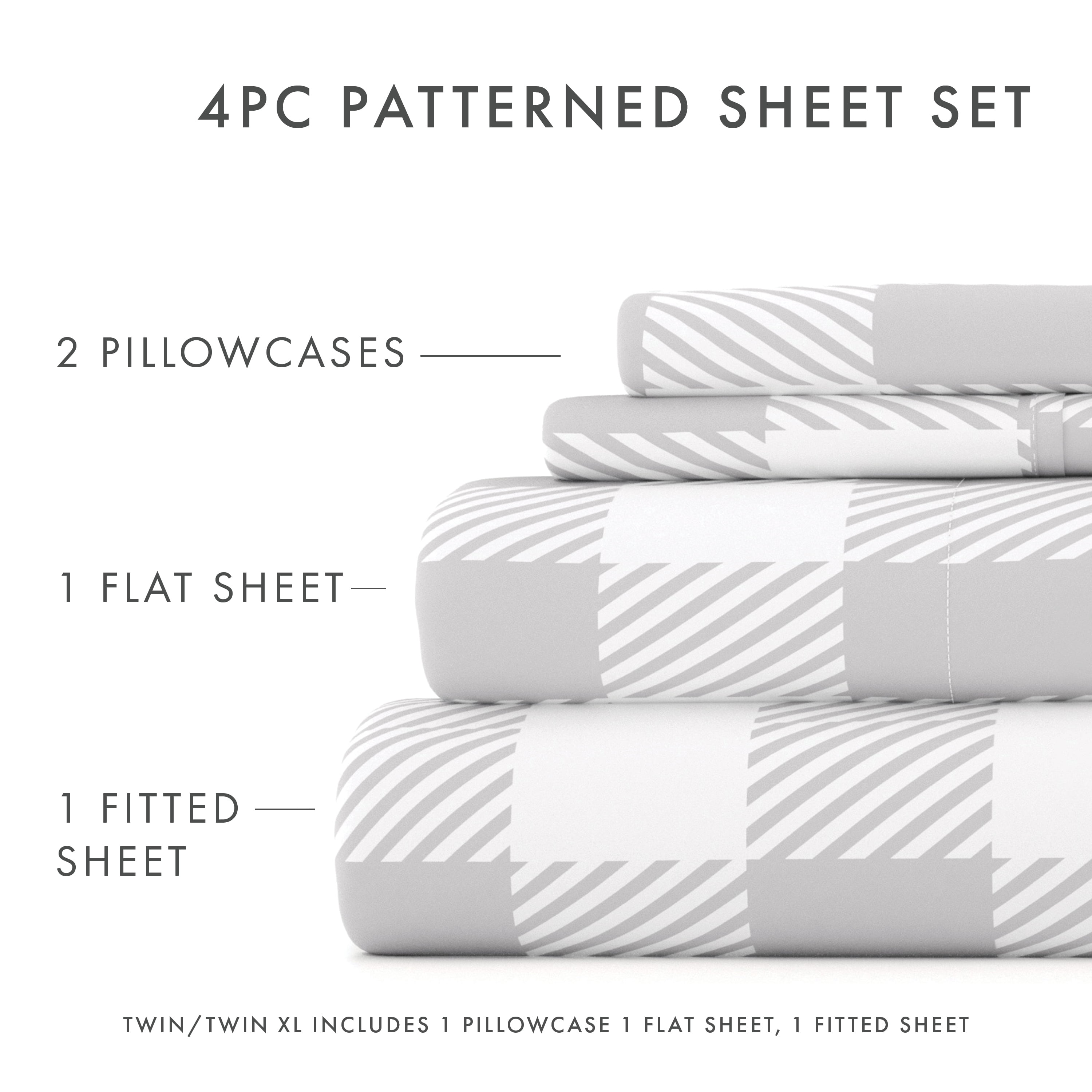 Noble Linens 4 Piece Pattern Microfiber Bed Sheets Set, Light Gray Country Plaid, Full