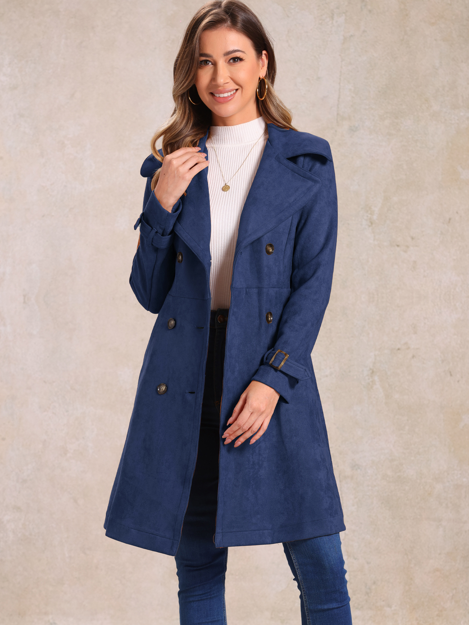 DARING DIVA Women's Strap Cuff Solid Double Breasted Tie Belt Trench Coats Dark Blue L