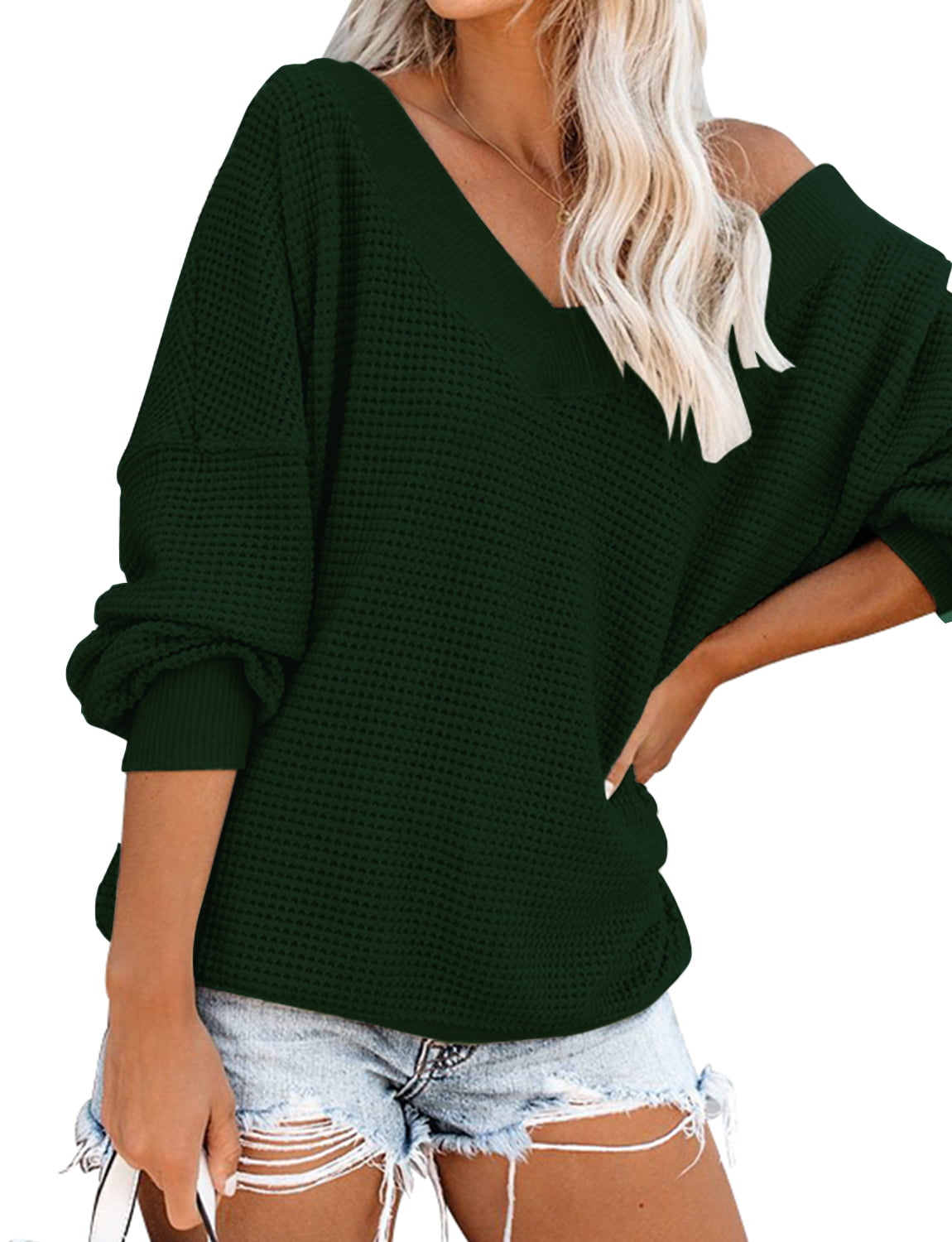 Bbymie Off Shoulder Tops for Women Long Sleeve Oversized Pullover Waffle Knit Top