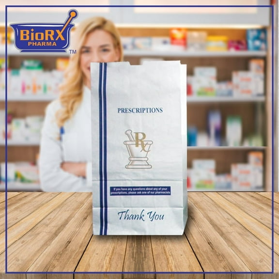 Premium Pharmacy Paper Bags - 5" X 2" X 10" - Thank You Printed in Blue and Gold (2000/Box) by Sponix BioRx