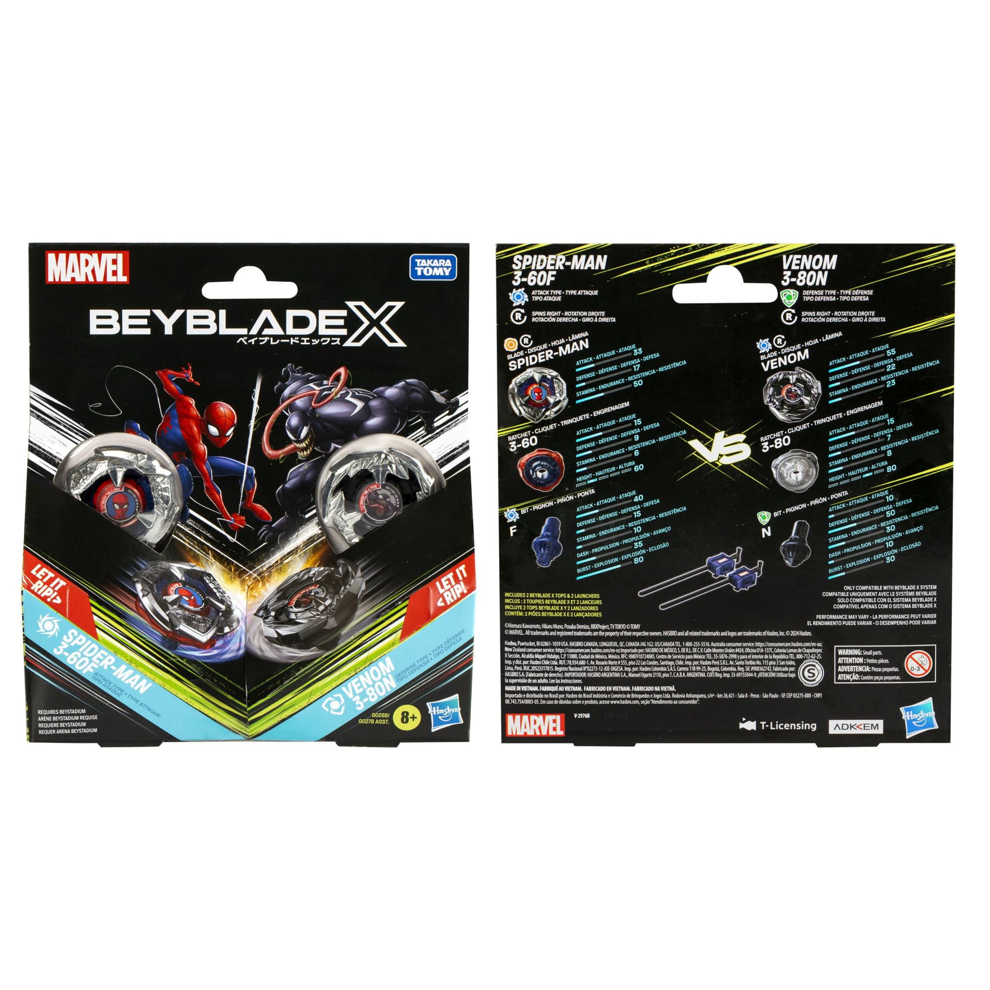 Beyblade X Marvel Collab Spider-Man 3-60F vs. Venom 3-80N Multipack Set, Includes 2 Right-Spin Tops & Launchers, Spinning Toys for Kids 8+, Boys and Girls