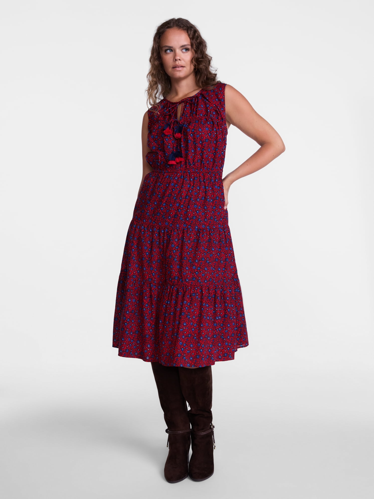 Scenario Women's and Women's Plus Sleeveless Tie Neck Tiered Midi Dress, Sizes XS-4X