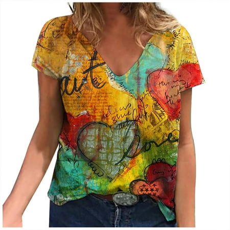 

Corset Tops for Women Fashion Woman Causal V-Neck Vintage Love Printing Blouse Short Sleeve T-Shirt Summer Tops Round-Neck Corset Tops for Women Yellow L