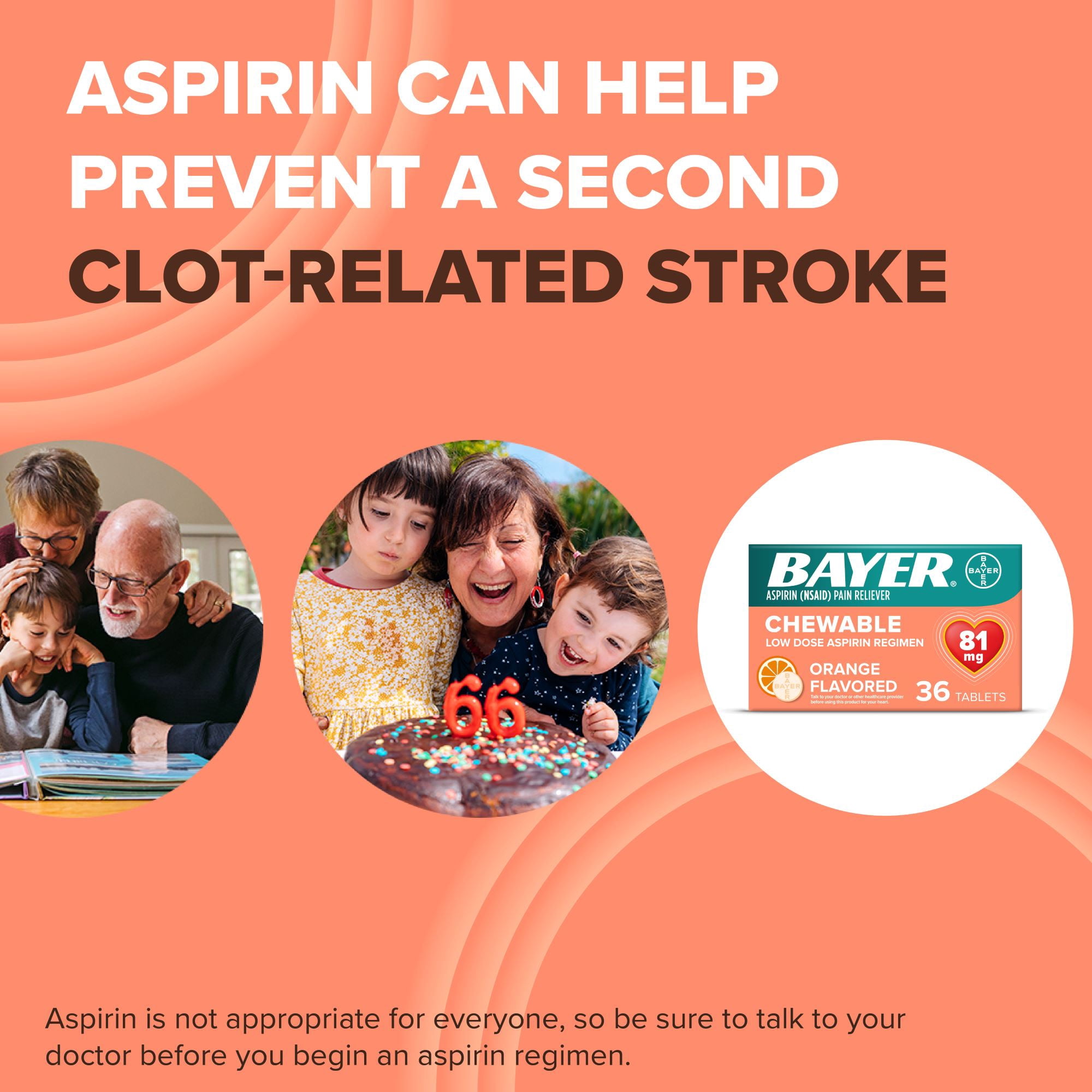 Bayer Chewable Aspirin Regimen Low Dose Pain Reliever Tablets, 81mg, Orange, 108 Count