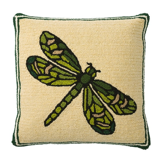 Evergreen Indoor/Outdoor Hooked Pillow, Dragonfly 18"x18"