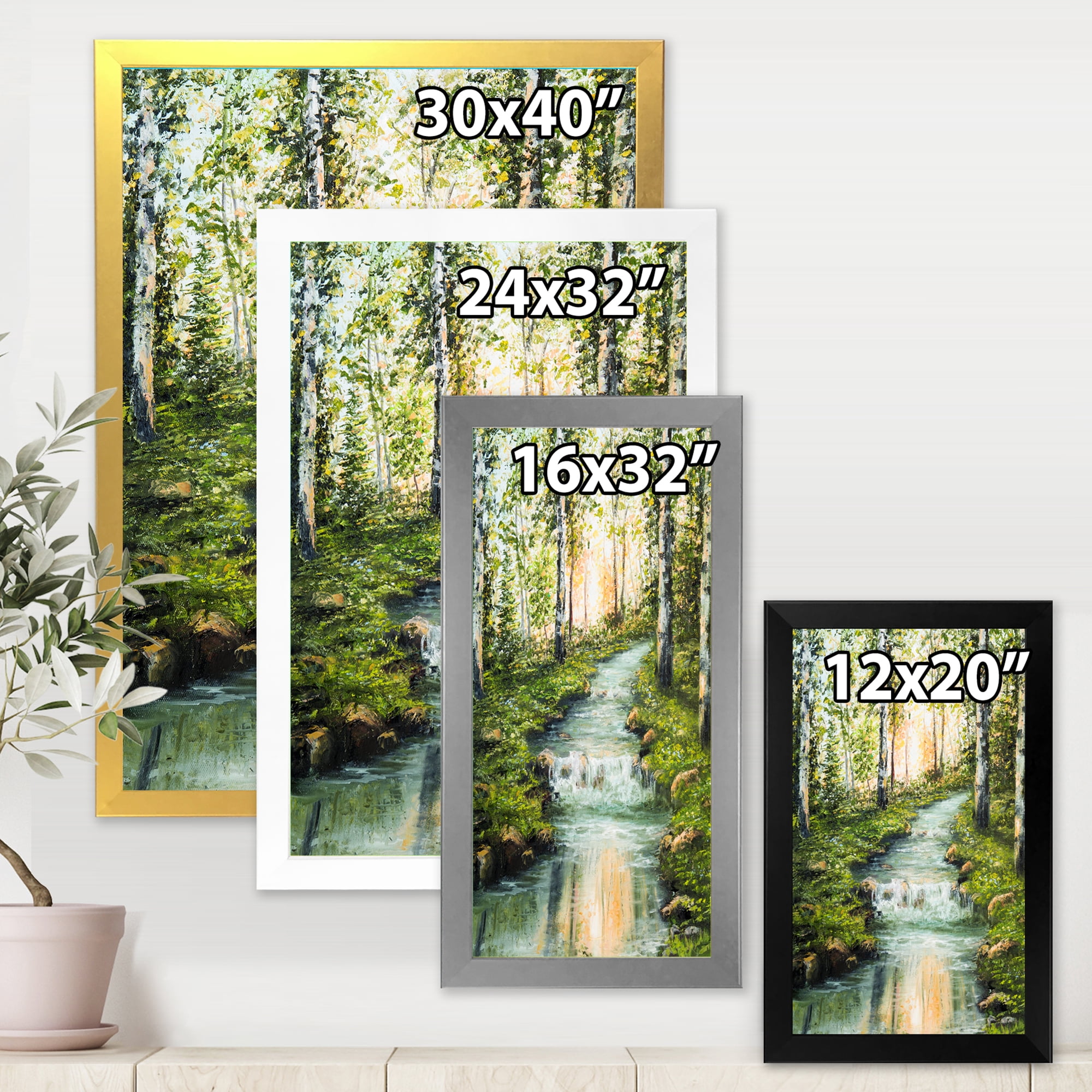 Designart 'River Through Green Birch Forest' Lake House Framed Art Print