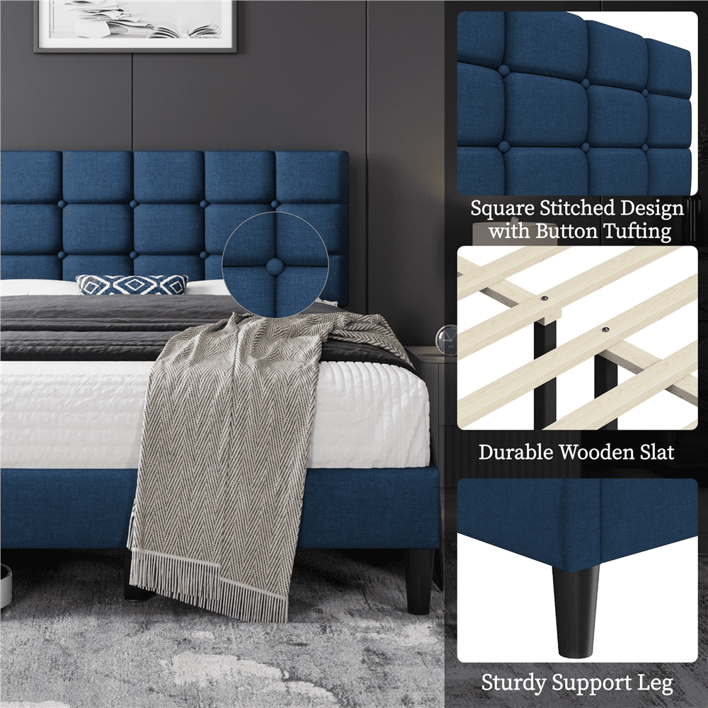 Fullfurnique Upholstered Platform Bed Frame with Square Tufted Headboard, Full, Navy Blue