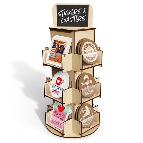 3 Tier Rotating Sticker Display Stand for Vendors, Natural Wooden Countertop Organizer Shelf for Coasters, Retail, Showcase, Tradeshow