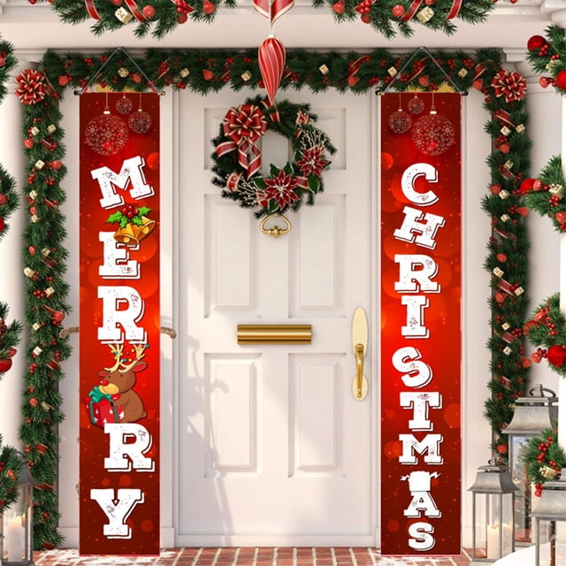 Oioii Christmas Door Decoration Fabric Santa Banner Cover Christmas Photo Booth Wall Sign for Xmas Winter Holiday Door Decoration