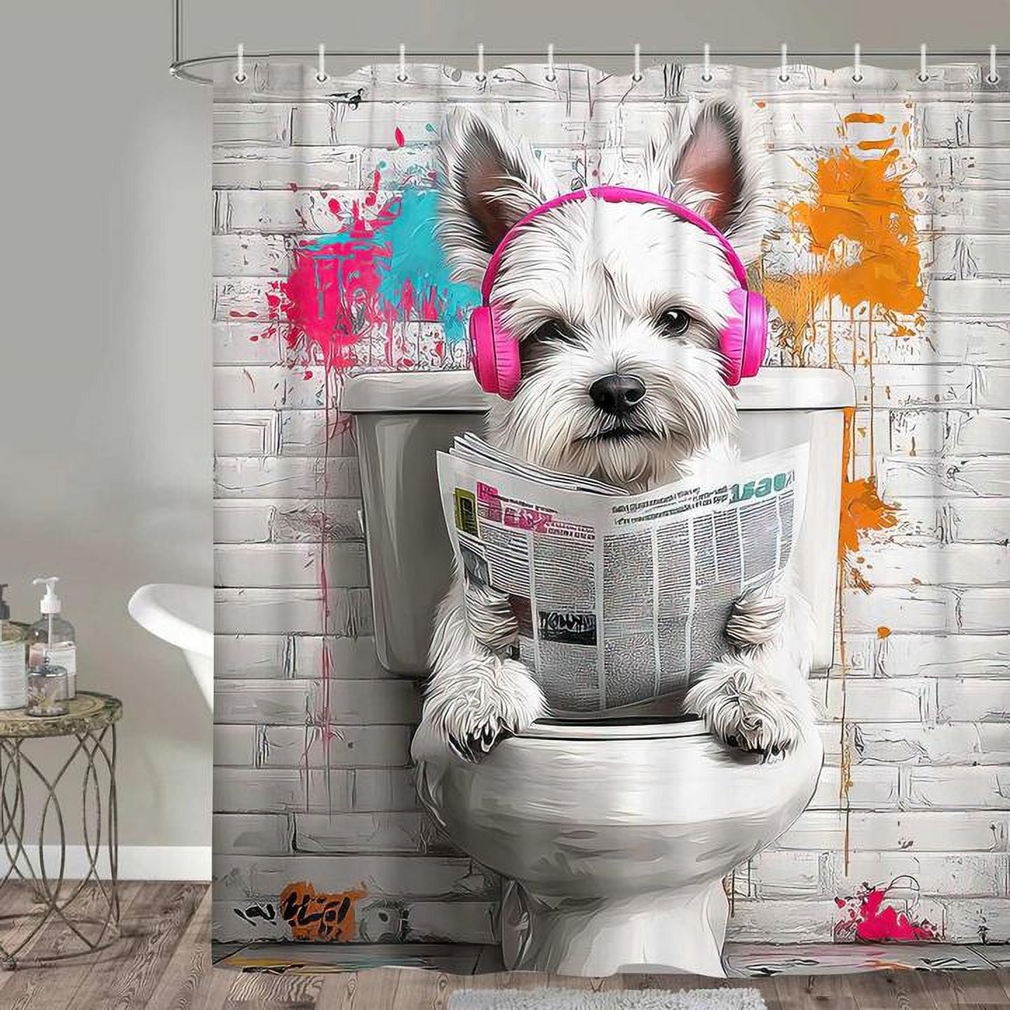 Funny Dog Cool Shower Curtains, Fun Pet Hilarious Graffiti Animal on Toilet Shower Curtain for Bathroom, Farmhouse Rustic Mens Shower Curtain with Hooks, 60X70IN