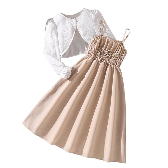Afdoent Girls 2 Piece Outfit Fashion Sleeveless Dress Solid Color Cardigan Two Piece Set For Kids 8-9 Years