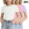 thumbnail image 2 of SGFCWSX Girls T Shirt 3 Pack Ribbed Knit Short Sleeve Crew Neck Slim Fit Cropped Casual Soft Basic Kids Daily Wear Tee Tops White Size 7/8, 2 of 6