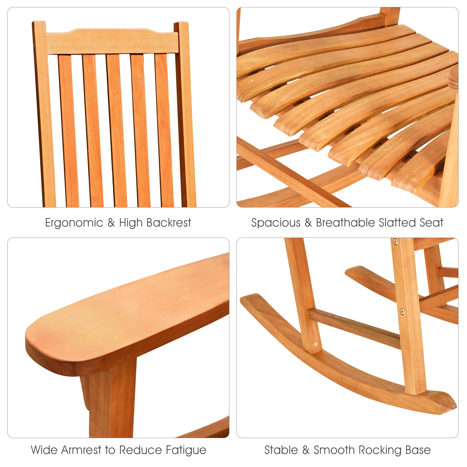 Patiojoy Outdoor Single Rocking Chair Wooden Patio Rocker Chair Natural Wood