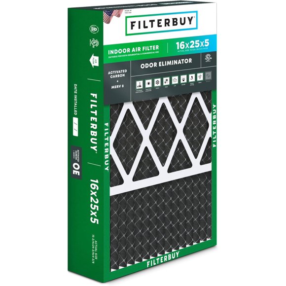 Filterbuy 16x25x5 MERV 8 (MPR 600) Odor Eliminator, Pleated HVAC AC Furnace Air Filters for Honeywell FC100A1029, Lennox X6670, Carrier, & More (1-Pack)