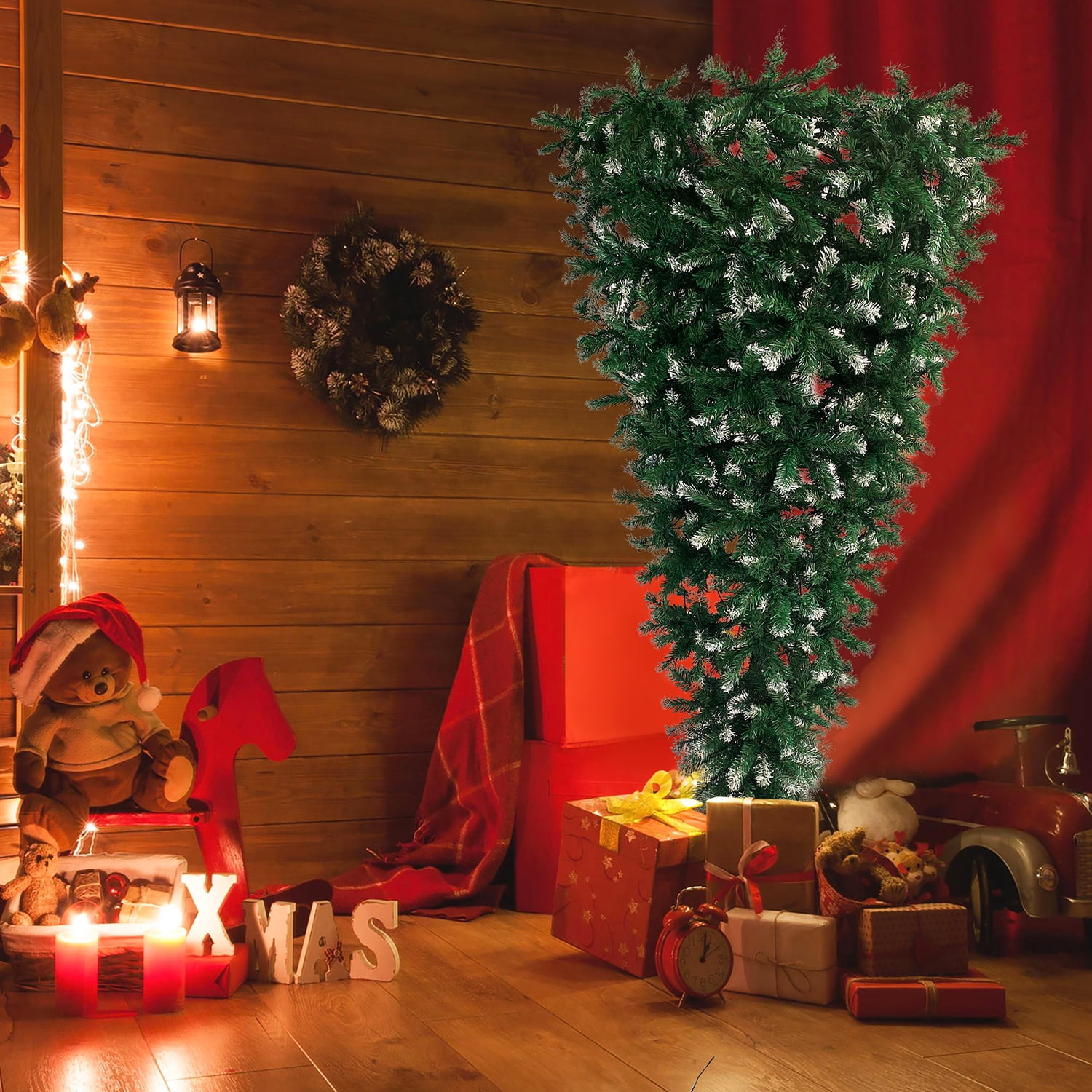 Kadyn Upside Down Green Christmas Tree, Xmas Tree with LED Warm White Lights, Green leaves with part spraying White, Reinforced Metal Base & Easy Assembly 7.4ft X-mas