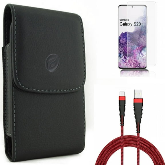 10ft USB Cable w Case Belt Clip w Screen Protector for Samsung Galaxy S20 Plus - Type-C Charger Cord Power, Leather Holster Cover, Tempered Glass [Fingerprint Unlock] 3D Curved fits Galaxy S20 Plus