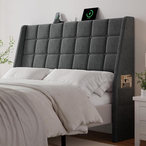 ONBRILL Ergonomic Headboard Queen Size with Charging Station, Dark Grey | Linen Wingback Headboards Queen with 2 Storage Pockets, Upholstered Headboard Only, 2 Bed Frame Adapters, Sturdy Stable