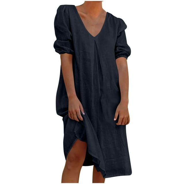Liquidation d'Été 2025! Robe pour Femme Grande Taille, Liquidation de Robes d'Été pour Femmes, Combinaison d'Été pour Femme en Coton et Lin à Manches Courtes, Col en V, Manches Courtes, Jupe Longue