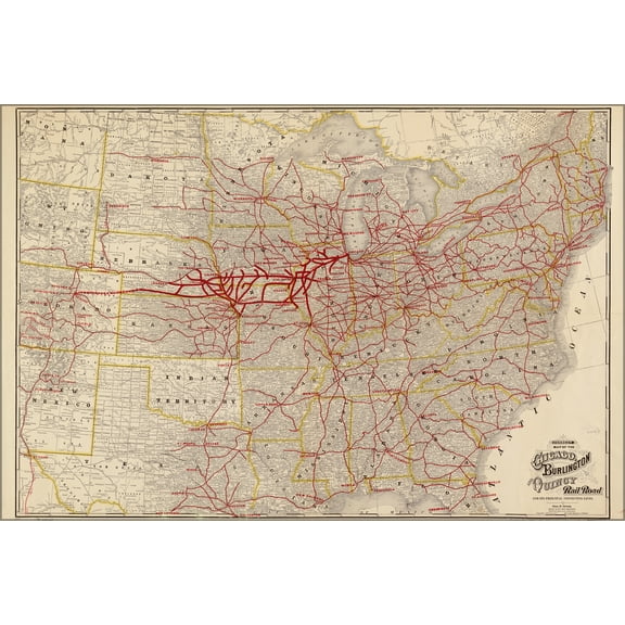 24"x36" Gallery Poster, map of Chicago Burlington & Quincy RailRoad 1881