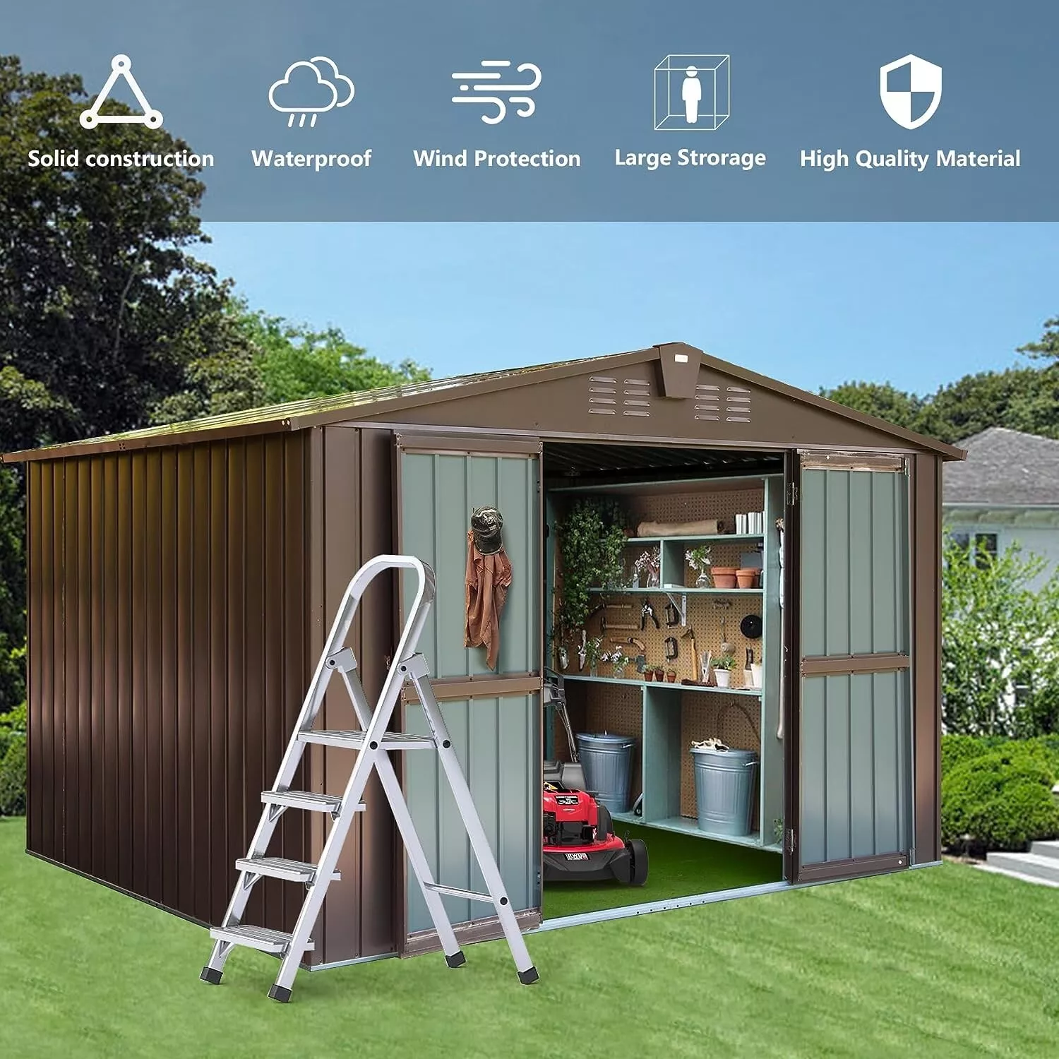 Domi Outdoor 10x 8FT Storage Shed with Lockable Door , Metal Garden Shed for Backyard, Patio, Lawn for Bike, Trash Can, Tools, Lawn Mowers, Pool Toys(Brown)