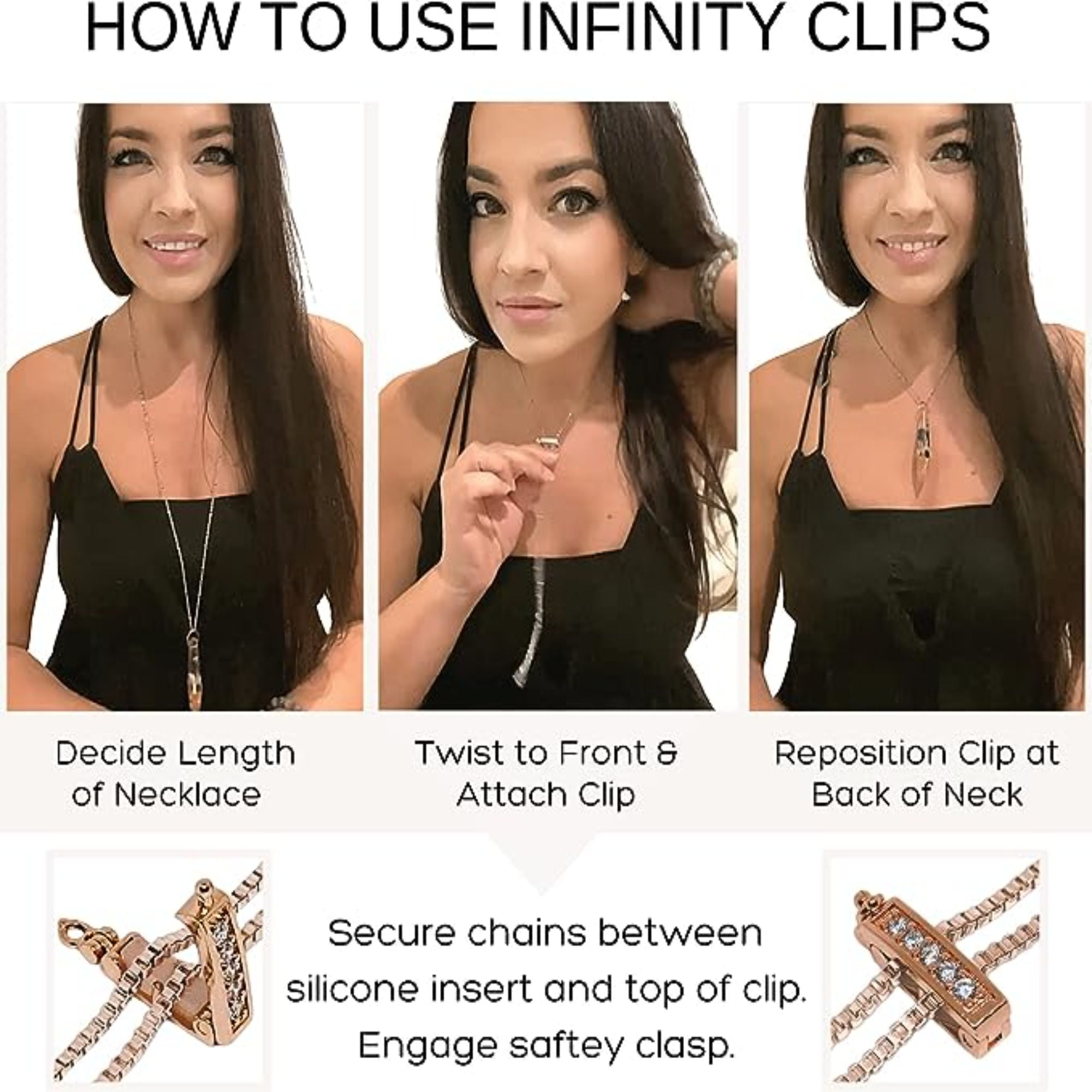 Infinity Clips Necklace Shortener 2 Pc Set for Thin Chains Rose Gold Plated  Brass Necklace Shortener Clasp with Cubic Zirconia Accents 