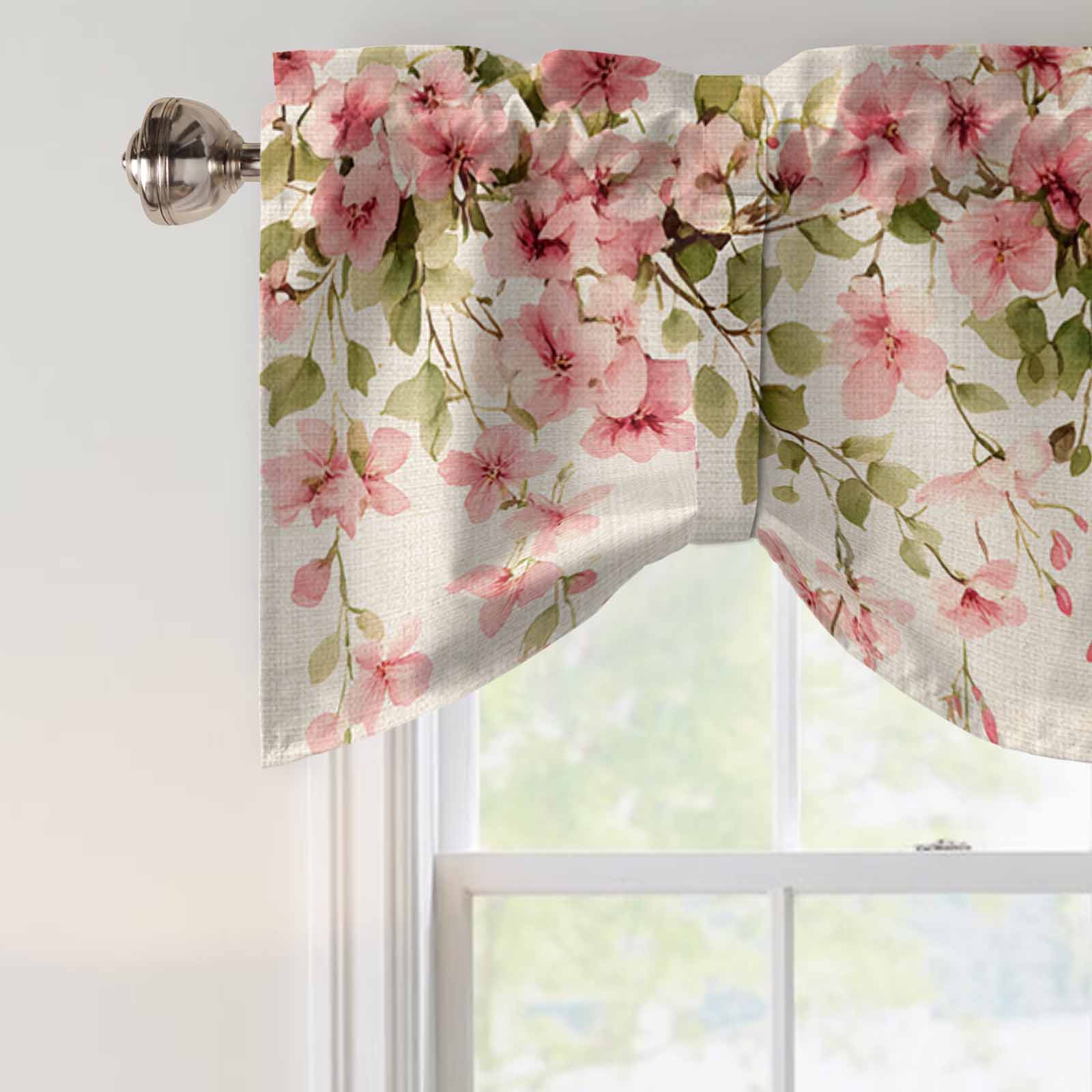 Spring Floral Tie Up Valance for Windows, Pink Flowers Green Leaves Linen Texture Adjustable Rod Pocket Tie Up Valance Curtains Window Treatment for Kitchen Bathroom Bedroom 60 X 18 Inch