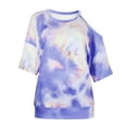 thumbnail image 4 of Abcnature Womens Tie-Dye Printed O-Neck Off-Shoulder Short Sleeve Tops T-shirt Blouse Blue L, 4 of 6