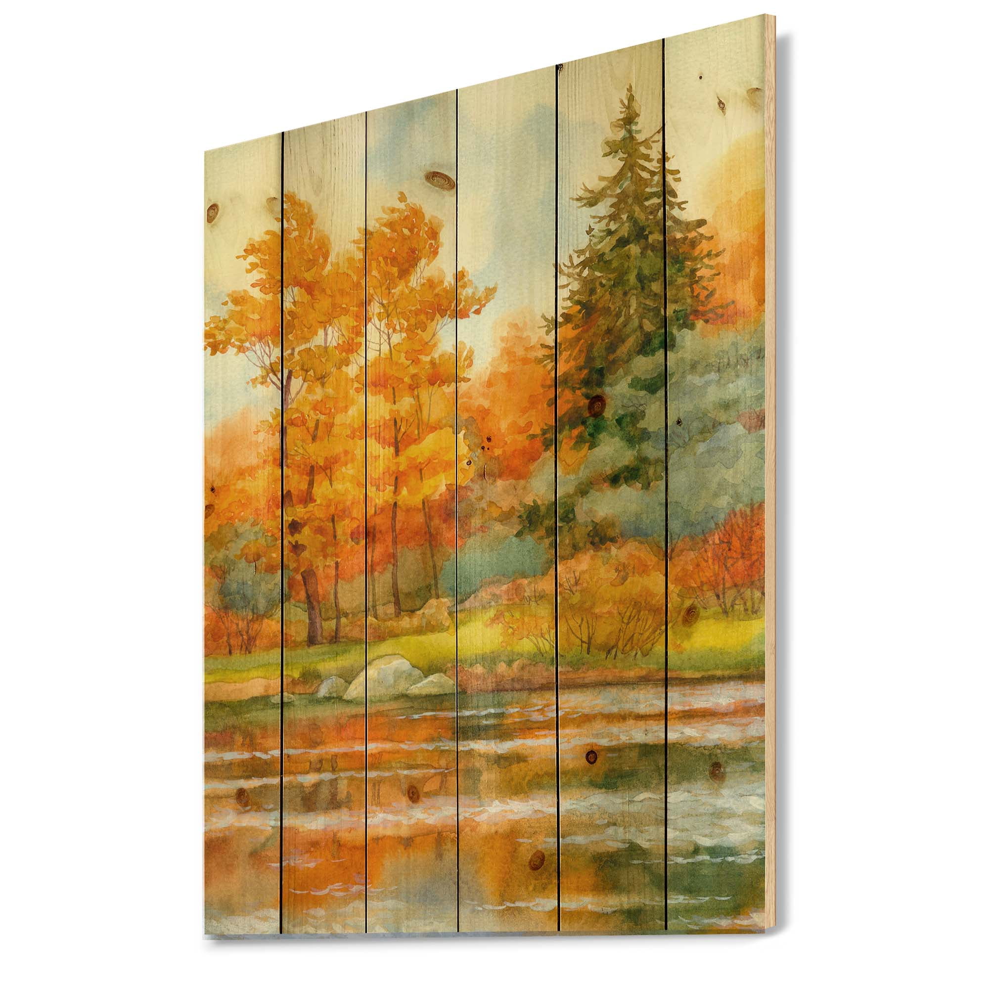 Designart 'Autumn Forest By The Lake Side IV' Lake House Print on Natural Pine Wood