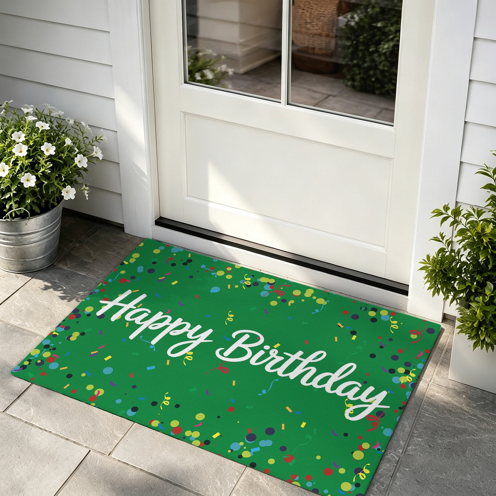 Front Door Mat Indoor Outdoor Entrance Grass Green Birthday Low Profile Doormats Non-Slip Backing Colorful Confetti Ribbons Polka Dots Classroom Absorbent Welcome Mat for Entryway Hallway 16 x24