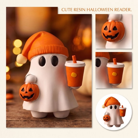 Cute Ghost Halloween Figurine with Orange Beanie Pumpkin Lantern and Coffee Cup Season Tabletop Decor for Home Office Fall Indoor Decoration 5 Inch Resin Desktop Ornament