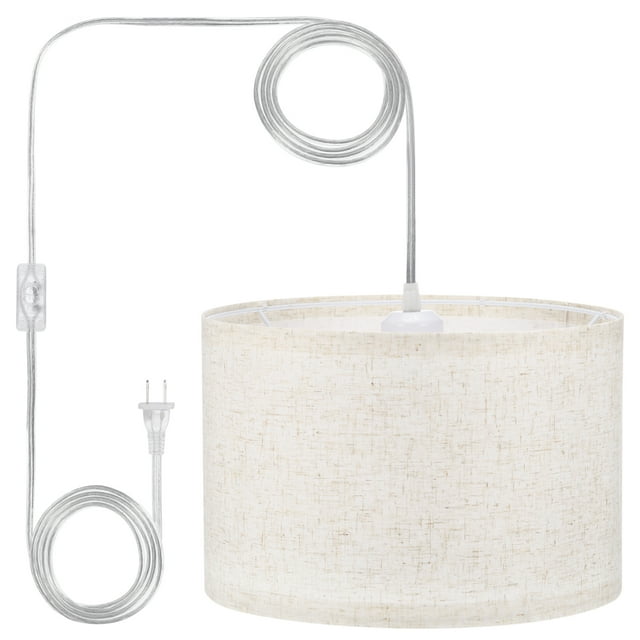 Unique Bargains Plug in Pendant Light, 15Ft Rope Hanging Lamp Fixture with ON/OFF Switch, Fabric Shade E26/E27 Socket, Beige