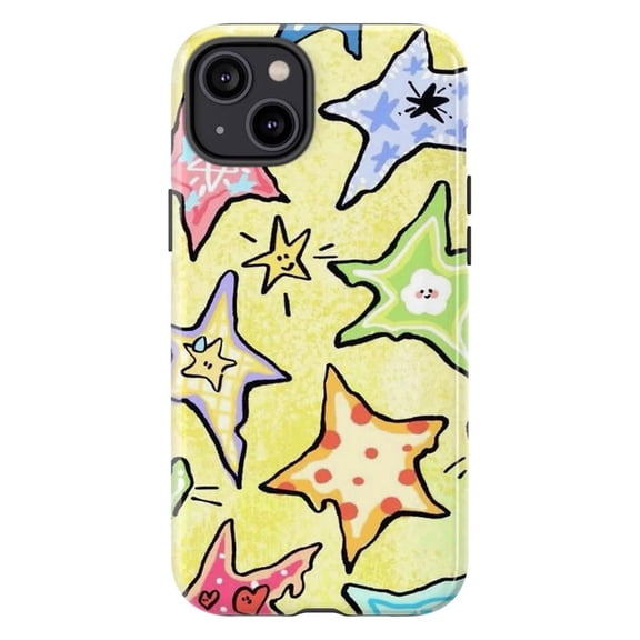 Cute Colorful Star Pattern Phone Case, Aesthetic Yellow Whimsical Indie Doodle Cover for iPhone 17 16 15 14 13 12 11 Pro Plus Mini