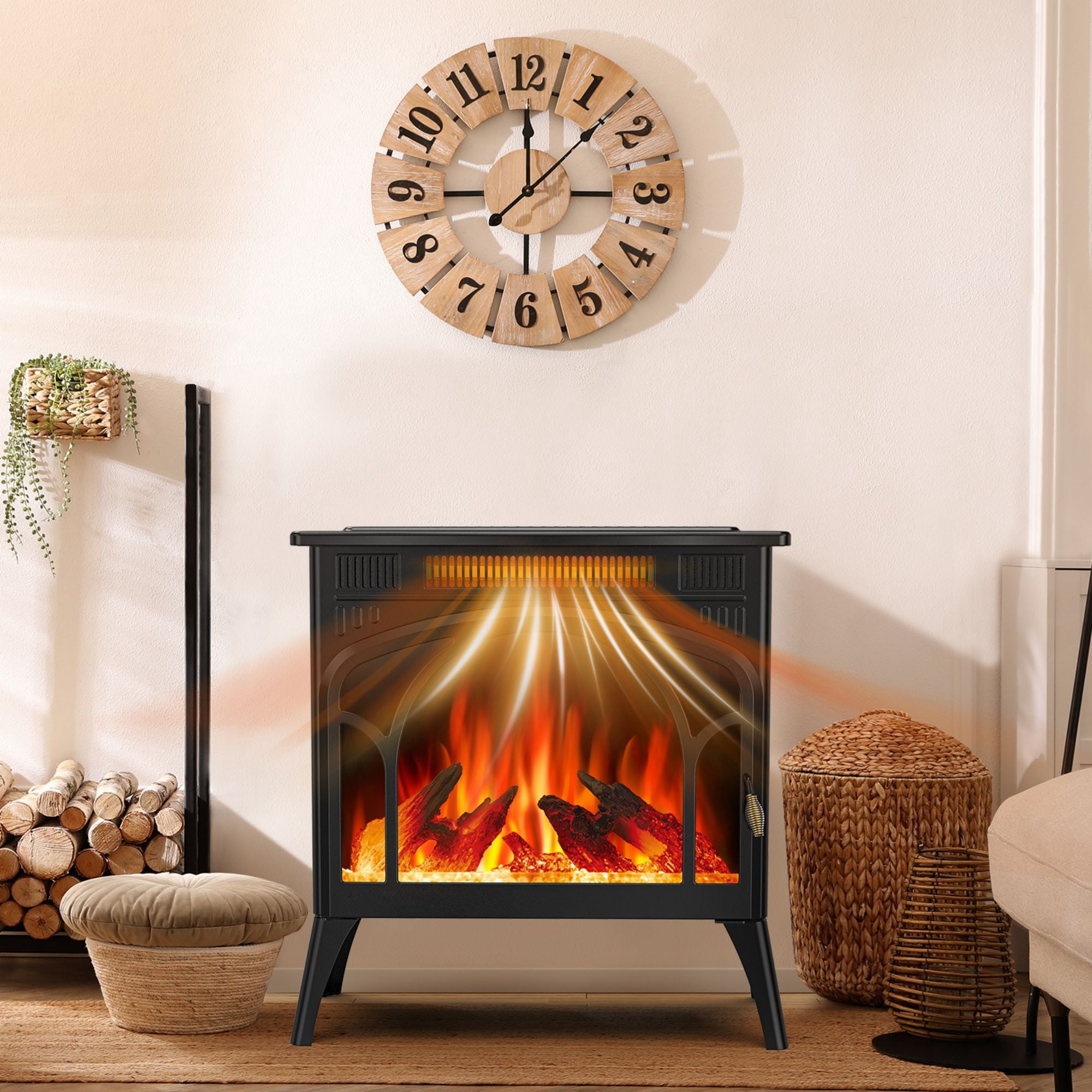 Moifoi 24Inch Electric Fireplace Stove , 1500 W Freestanding Portable Indoor Electric Stove Heater w/ 3 D Flame Effect, Black
