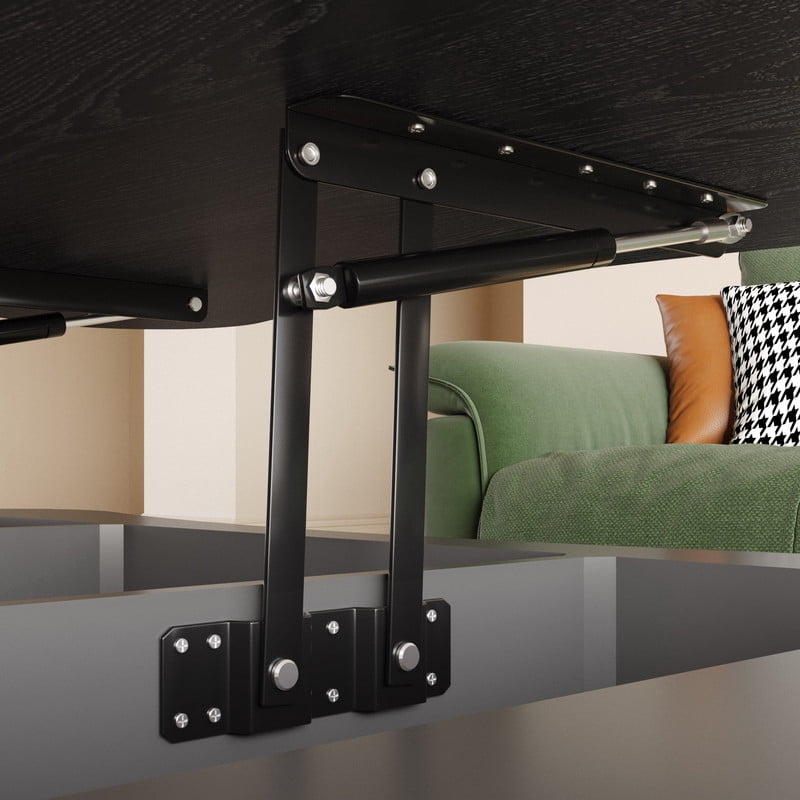 42" Lift Top Coffee Table with Hidden Storage, Fluted Panel Center Table with Hydraulic Lift, Rounded Corners, Wood Living Room Coffee Table for Small Spaces, Black