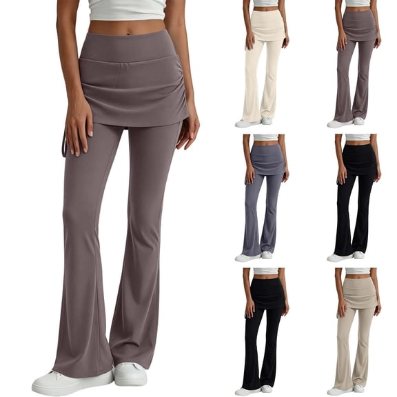 WAGUTH Women's Skirted Flare Leggings High Waist Ruched Skirt Overlay Bootcut Yoga Pants with Drawstring for Tennis Golf Gym