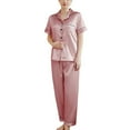 thumbnail image 5 of Women's Satin Pajama Set 2 Piece Silk Button Down Sleepwear Soft Summer Fall Silk Summer Pjs Short Sleeve Shirt Pants Lounge Set Fall Lightweight Coral 16, 5 of 5