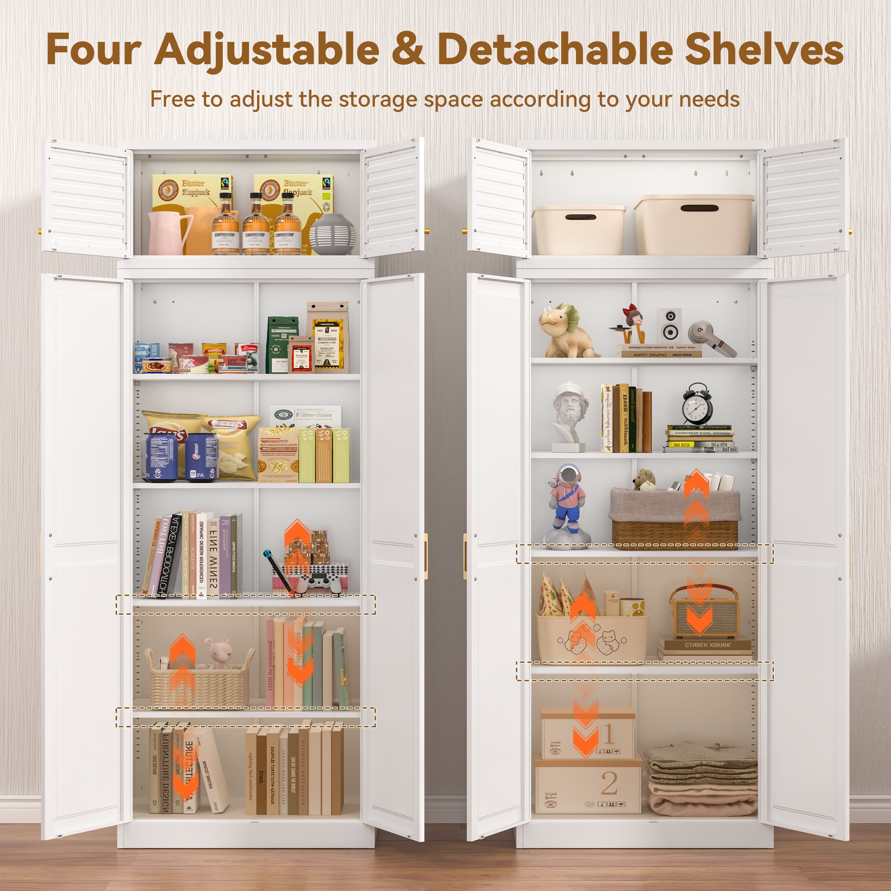 Polup 86" Height Modern Metal Pantry Storage Cabinet with Doors and Adjustable Shelves White for Living Room Kitchen and Home
