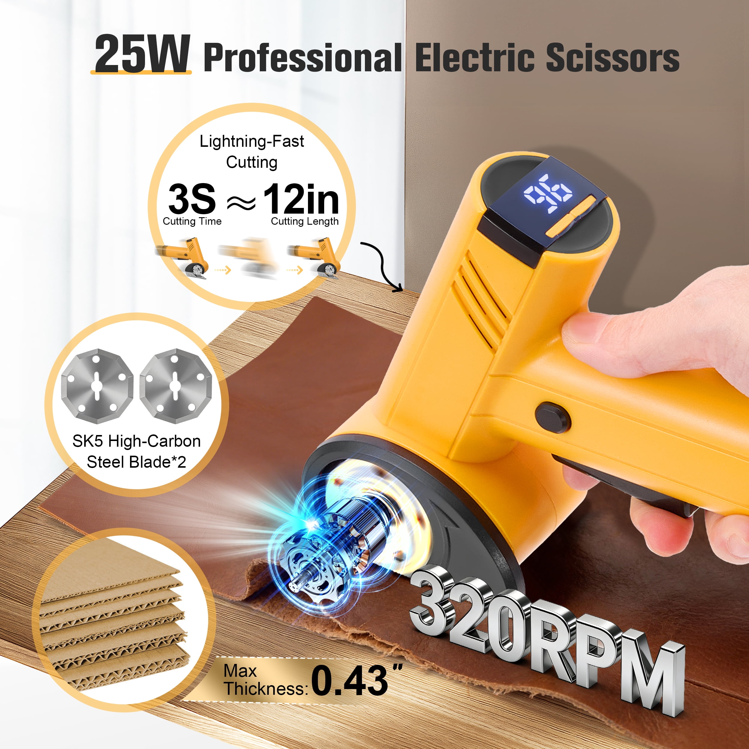 RELOIVE Cordless Electric Scissors,4.2V 25W Cardboard Cutter Tool,Upgrade Rotary Electric Box Cutter with 2 Blades,4-Speed,LED Light,2.0Ah Battery for Fabric, Cardboard, Leather, Carpe,Yellow